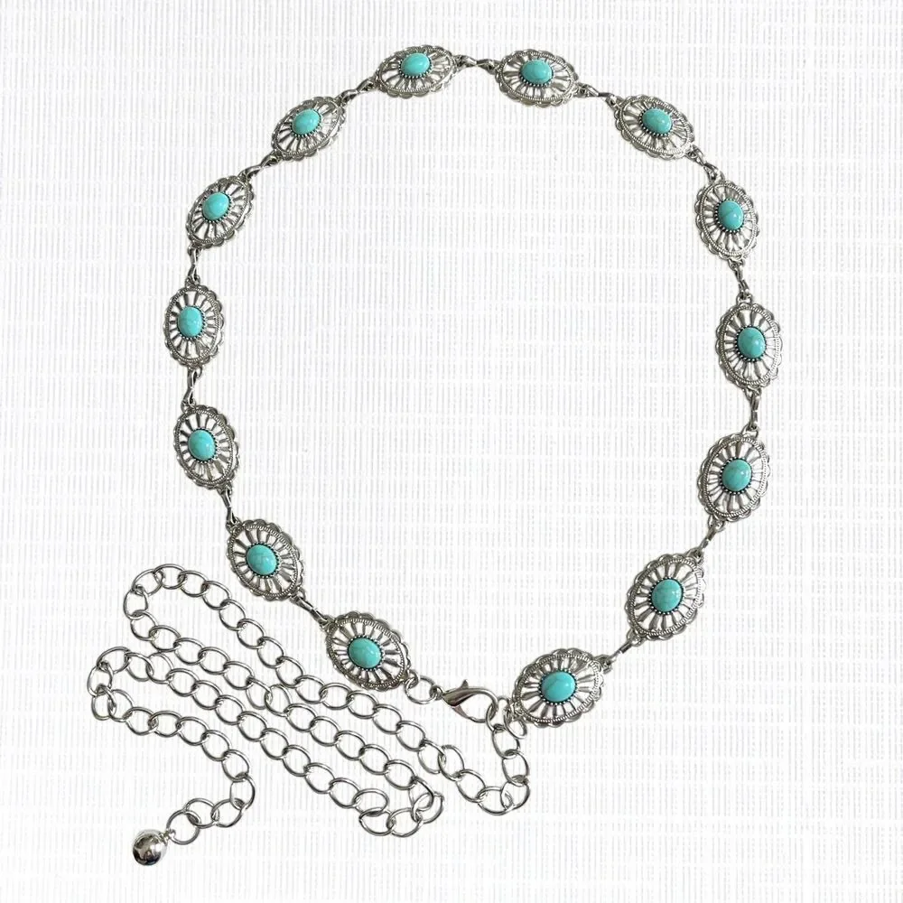 Womens Concho Chain Belt Silver Tone Turquoise Blue Faux Stone Accents 44 inch